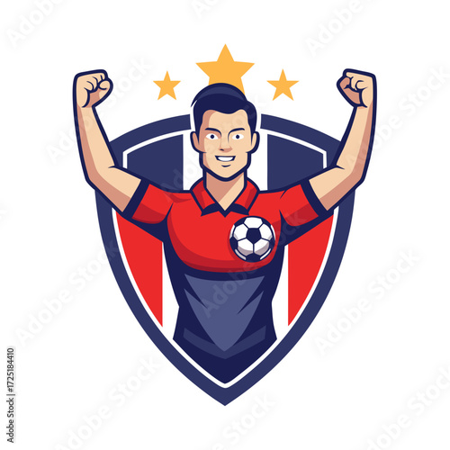 Victorious soccer player with arms raised in front of shield