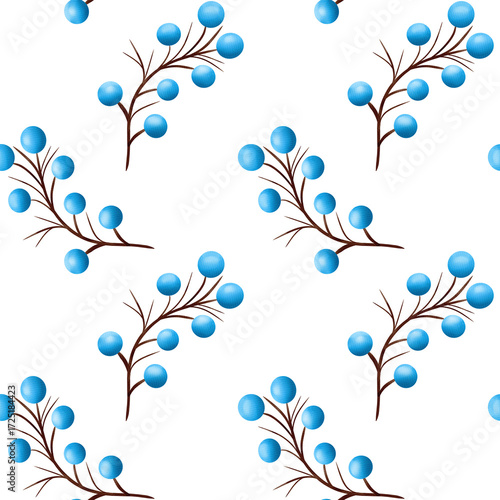 Beautiful blue berries on branches seamless floral botanical pattern. Digital watercolor hand drawn. For fabric, textiles, wrappers, covers, women, girls, accessories, gifts