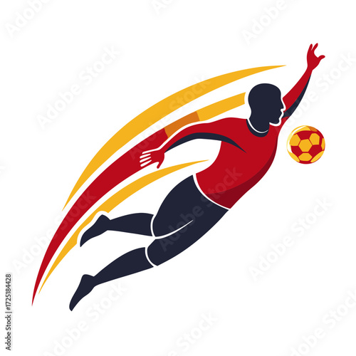 Dynamic football player silhouette reaching for ball with speed trails