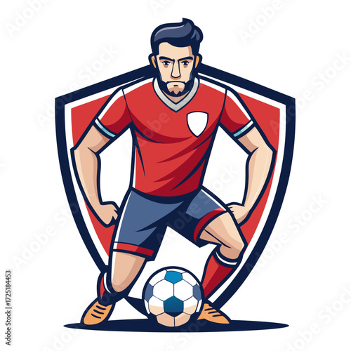 Illustration of soccer player dribbling ball in front of shield