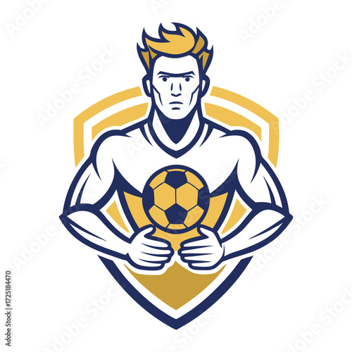 Soccer Player Emblem with Ball Shield Graphic Illustration