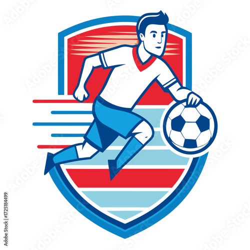 Cartoon soccer player emblem dribbling with ball vector graphic
