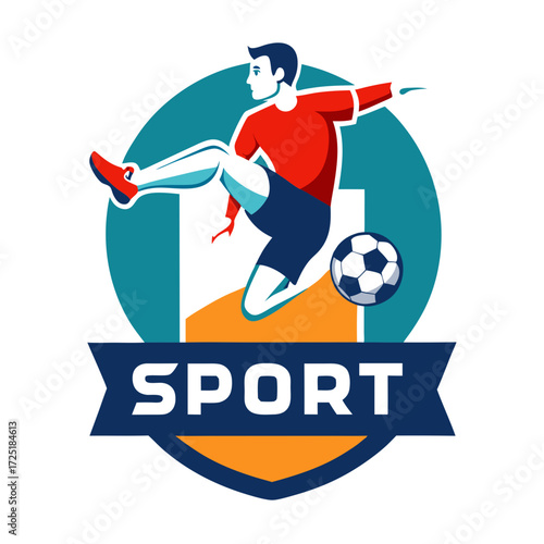 Dynamic soccer player logo with ball and badge