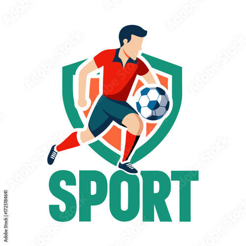 Soccer player with ball and green shield illustration logo