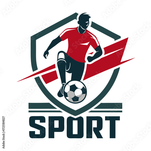 Dynamic soccer player logo with stylized shield and ball