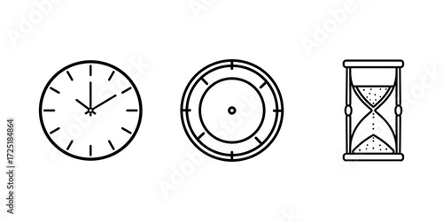 Three outlined icons: a clock, a target, and an hourglass, all in a simple, minimalist style.