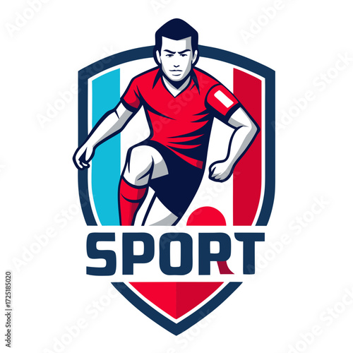 Dynamic soccer player logo on a shield background