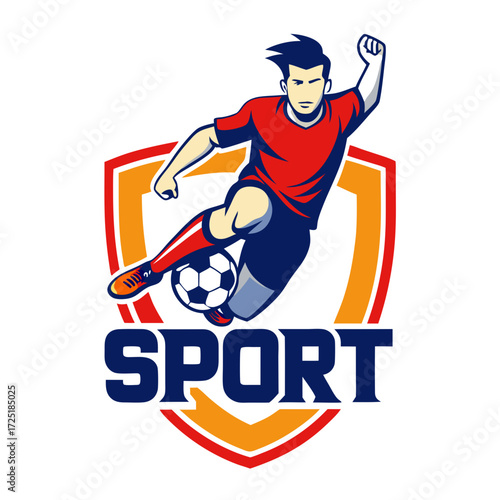 Dynamic soccer player kicking ball with determination emblem style