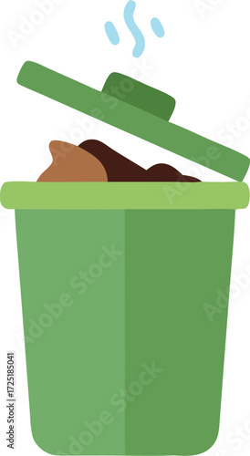 Simple illustration of a green compost bin with organic waste inside and a raised lid, representing sustainable recycling, eco-friendly living, and waste management