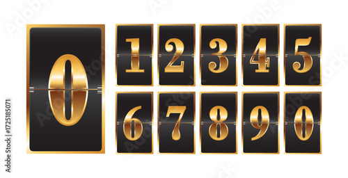 Mechanical Scoreboard Vector. Gold Yellow Timetable With Black Numbers And Letters. Analog Clock Panel. Countdown Timer.. Template For Your Design.
