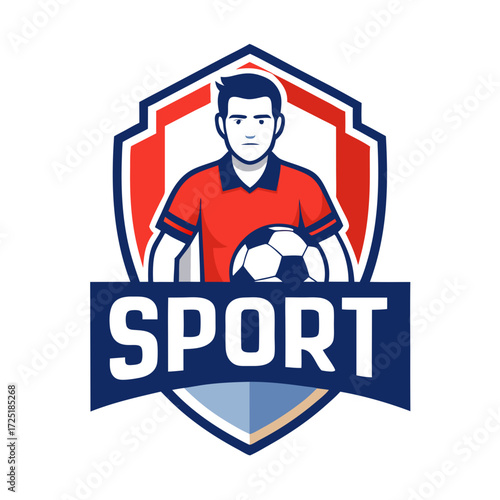 Soccer player holding ball with shield logo design icon