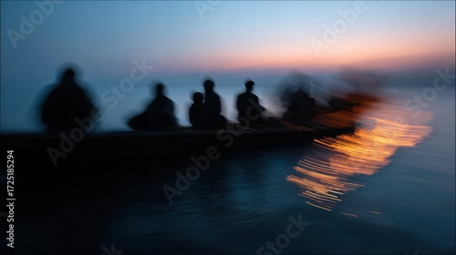 Refugees in a boat at night. Motion blur.