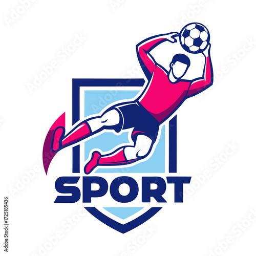 Dynamic soccer player graphic with shield background and typography