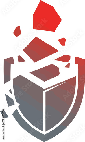 A red and grey shield icon with a cube inside shattering and breaking apart into fragments.