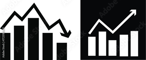 a business graph with arrow design silhouette vector illustration Green up and red down arrow graph. Rising and descending trend concept. Business result and investment profit or loss symbol.