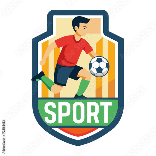 Graphic of soccer player dribbling ball inside shield emblem