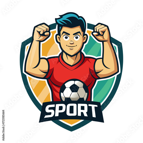 Illustration of a strong soccer player inside a shield