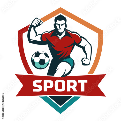 Dynamic soccer player dribbling ball with badge vector illustration