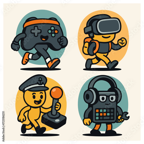 Tech Mascots Set — Game Controller, VR Headset, Pilot/Announcer & DJ Sampler Characters, Cute Vector Bundle