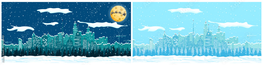 Fototapeta premium Winter city skyline view with falling snow, festive Christmas holiday background concept. Urban landscape panorama for greeting card.