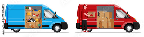 Delivery and moving van. Minivan full of carton boxes. Post man carries box. Package load service for relocation.