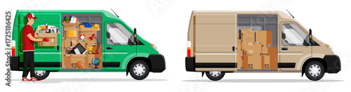 Delivery man loading cardboard box into green moving van. Shipping and cargo transportation service with loaded vehicles. Mail logistics concept.