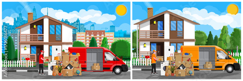 Man moving with cardboard boxes and a delivery van. Household relocation and moving service concept.