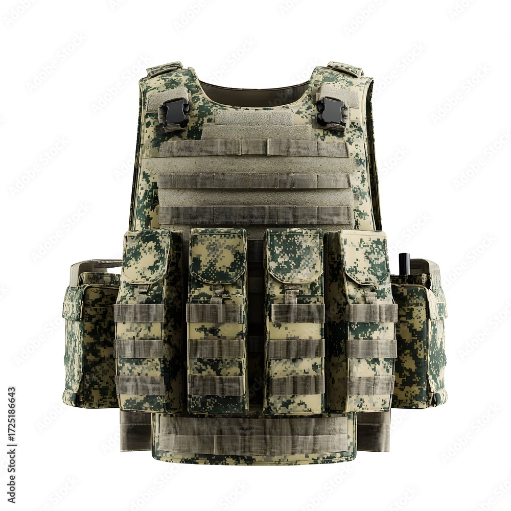 Naklejka premium A tactical military vest in a camouflage pattern. The vest features multiple pockets and attachment points for gear. Suitable for outdoor activities and military use.