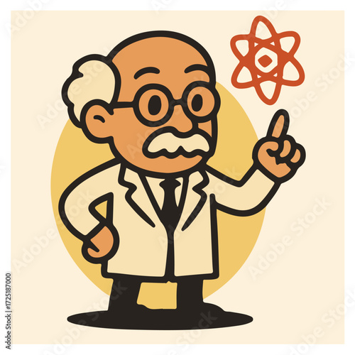 Senior Professor Pointing to Atom — Scientist Mentor Cute Character, Education & Research Vector