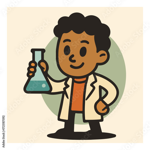 Kid Scientist with Flask — Young Researcher Cute Character, STEM Education Illustration (Vector)