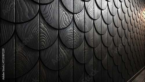 Dark Wood Wall Paneling:  Elegant, Textured, Scaled Design, Modern Interior Architecture.