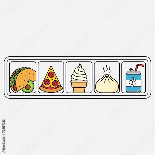 Delicious Food Icons Taco, Pizza, Ice Cream, Dumpling, and Soda in a Row