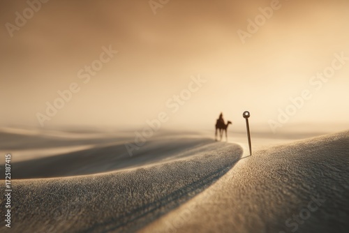 A desert landscape with a sewing needle standing in the sand. A camel walks toward it from a distance. The biblical story of a camel going through the eye of a needle.