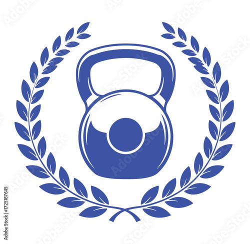 Blue kettlebell with laurel wreath emblem representing fitness and strength training