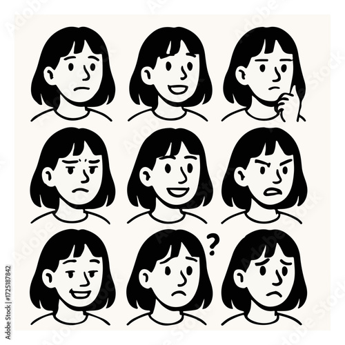Teen Girl Emotion Icons — Minimal Monochrome Faces, Reaction Pack Vector