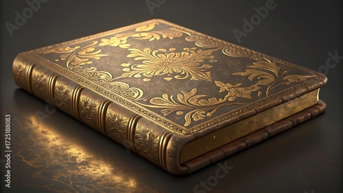 Antique Leather-Bound Book; Ornate Gold Floral Design; Luxurious, Vintage, Mysterious Mood.