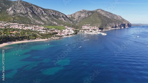 Aerial drone footage of Cala Sisine beach, Sardinia, Italy – turquoise sea and cliffs
