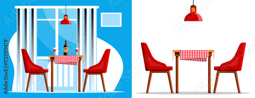 Cozy restaurant interior with table, chair, wine, and red lamp. Romantic date dinner concept for anniversary. Vector illustration.