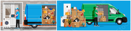 Man mover carries an appliance to a truck, concept of moving service. Home relocation and delivery aid.