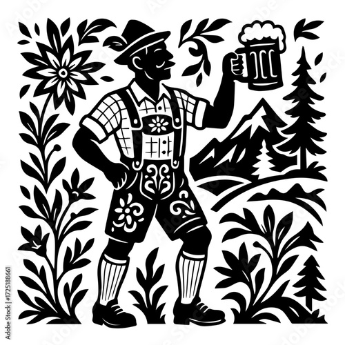 Bavarian Beer Drinker in Mountains — Alpine Oktoberfest Character, Woodcut B/W Vector