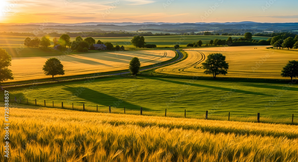 Fototapeta premium Scenic Sunset Over Rolling Fields and Winding Path in a Tranquil Countryside Landscape with Green Meadows and Golden Wheat in the Evening Light