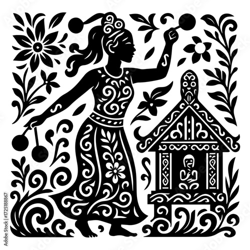 Eastern European Folk Dancer with Village House — Culture & Heritage Woodcut (Monochrome)