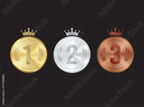 Gold, Silver, Bronze, and Rose Gold Medal, First, Second, Third Place Badges with Ribbons, Podium and Olive Branches 