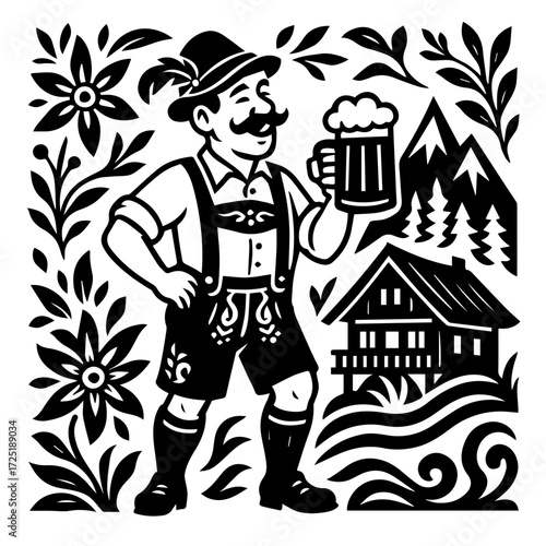 Bavarian Man with Beer Stein in Alps — Oktoberfest Folk Woodcut (Black & White Vector)