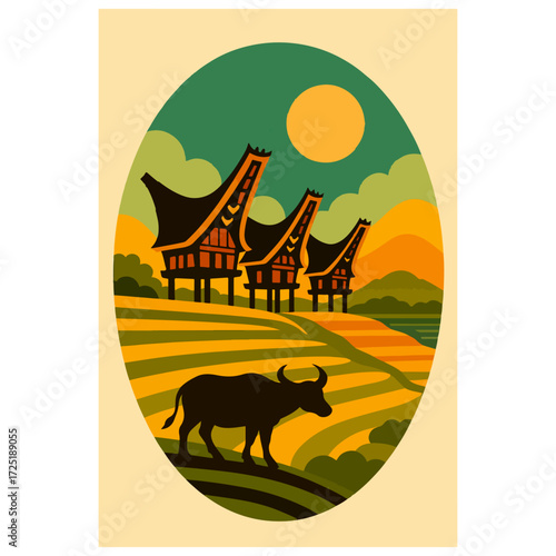 Tongkonan & Rice Terraces with Water Buffalo — Toraja Landscape, Oval Retro Vector
