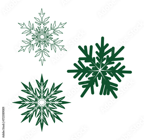 Collection of green winter snowflake designs isolated on a clean white background for seasonal use