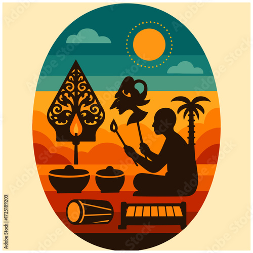 Balinese Dalang Wayang Kulit — Shadow Puppet Ritual with Offerings, Oval Poster