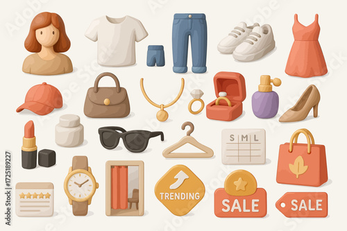 Trendy Autumn Fashion  Accessories 3D Icons Set for E-commerce