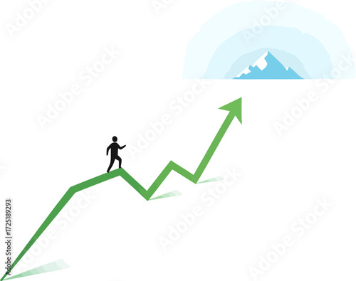 Silhouette of a person climbing a rising green arrow graph towards a distant mountain peak.