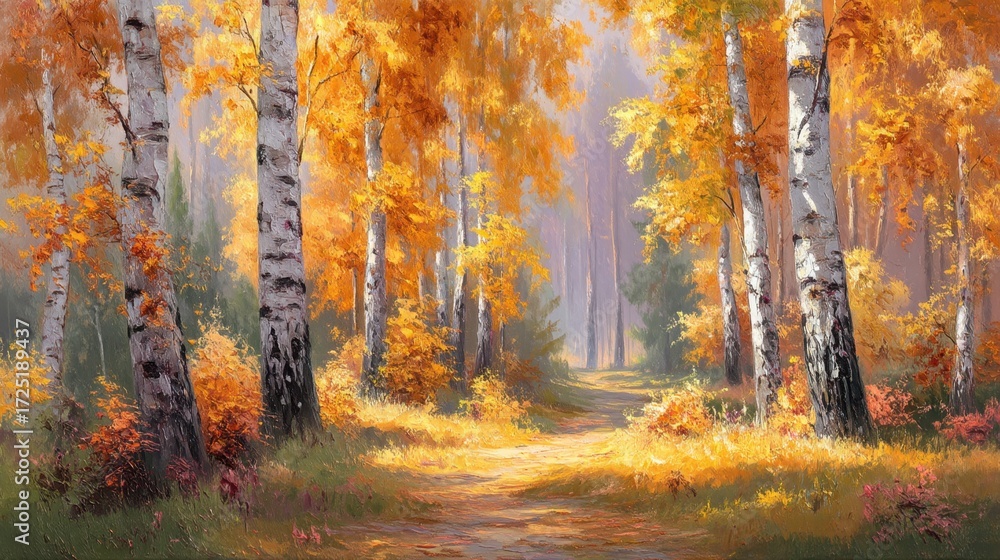 Fototapeta premium Watercolor painting forest landscape of birch trees in autumn. 